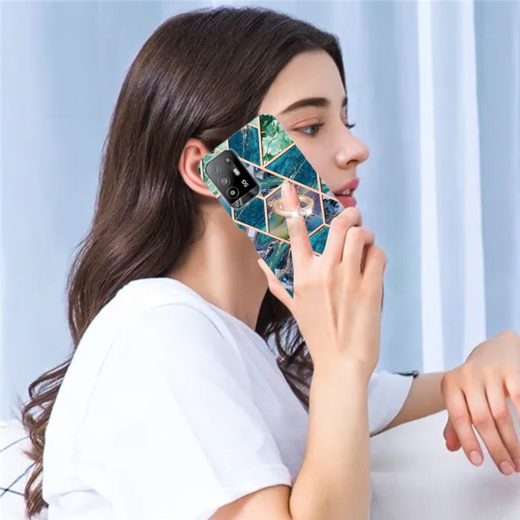 YB IMD Series-7 for Oppo A94 5G/A95 5G Electroplating Phone Case Marble Pattern IMD Shockproof TPU Smartphone Cover with Ring Kickstand - Blue/Green