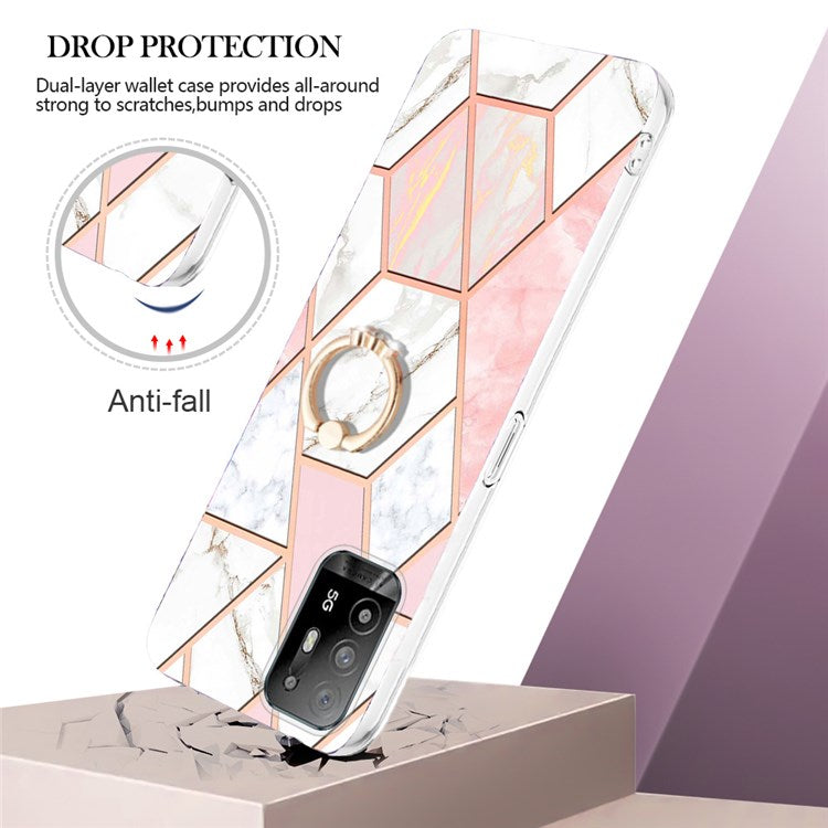YB IMD Series-7 for Oppo A94 5G/A95 5G Electroplating Phone Case Marble Pattern IMD Shockproof TPU Smartphone Cover with Ring Kickstand - Pink/White