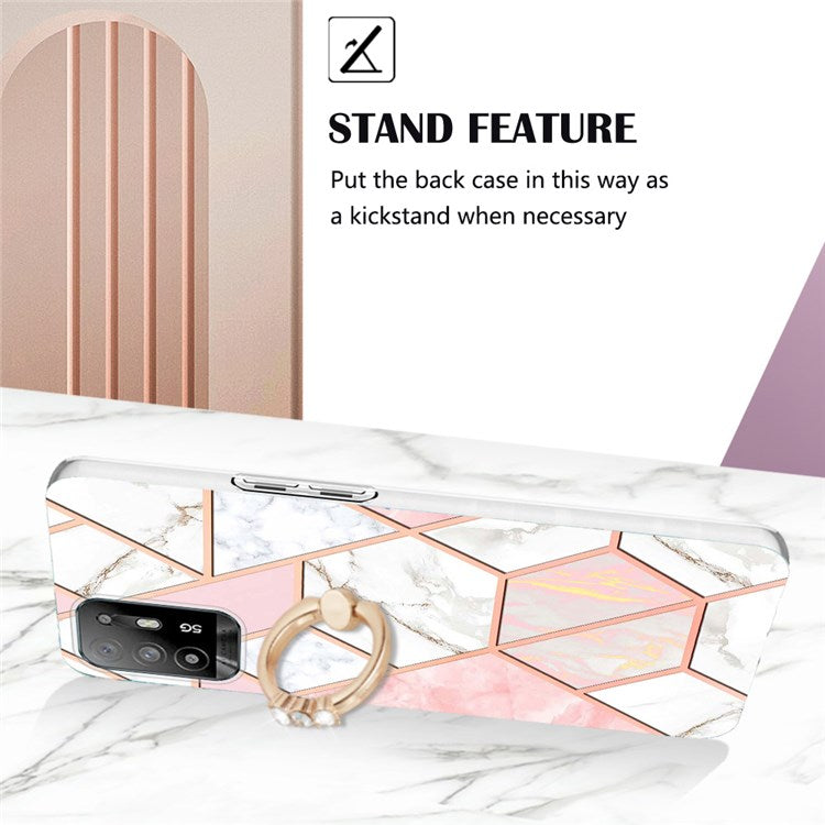 YB IMD Series-7 for Oppo A94 5G/A95 5G Electroplating Phone Case Marble Pattern IMD Shockproof TPU Smartphone Cover with Ring Kickstand - Pink/White