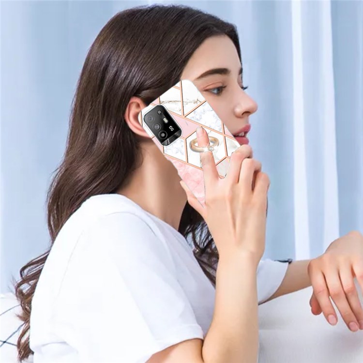 YB IMD Series-7 for Oppo A94 5G/A95 5G Electroplating Phone Case Marble Pattern IMD Shockproof TPU Smartphone Cover with Ring Kickstand - Pink/White