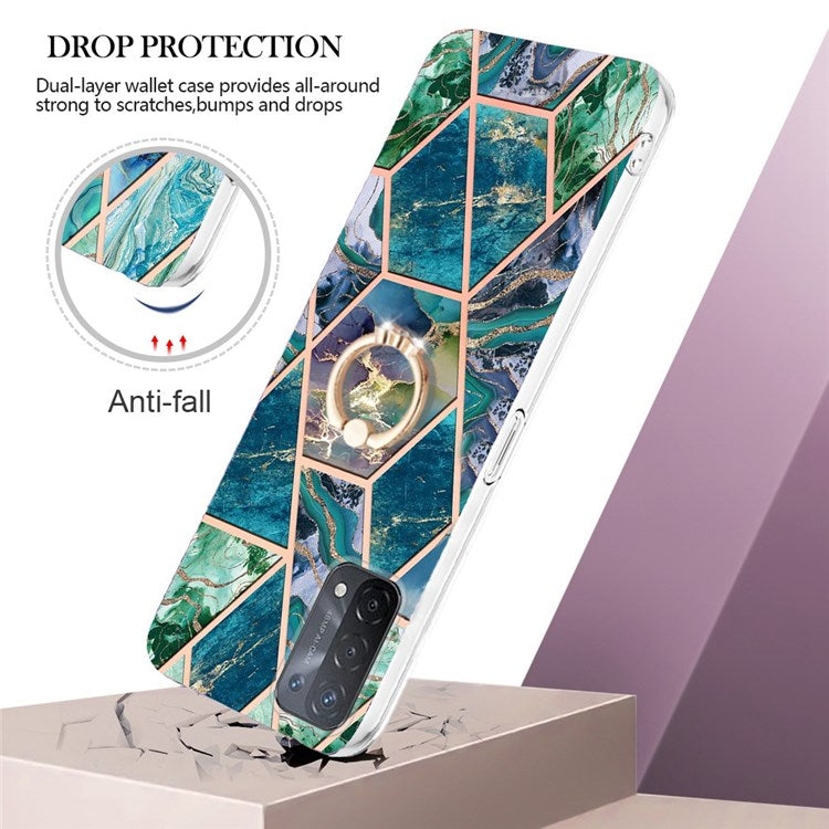 YB IMD Series-7 for Oppo A74 5G/A93 5G/A54 5G/A93s 5G Marble Pattern IMD Well-protected Phone Case Electroplating TPU Cover with Ring Kickstand - Blue/Green