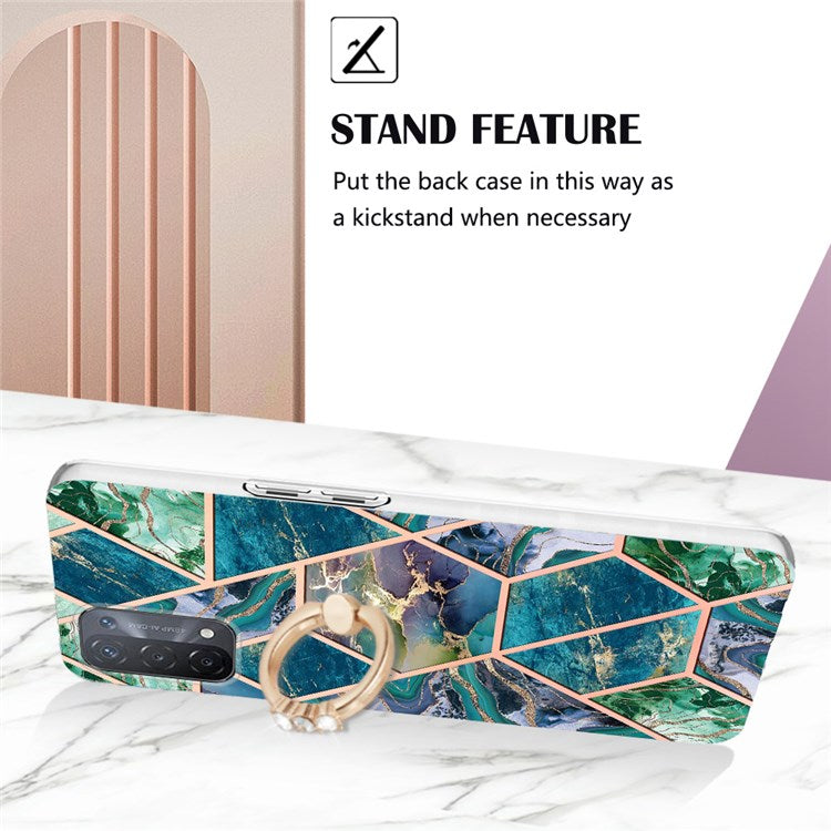 YB IMD Series-7 for Oppo A74 5G/A93 5G/A54 5G/A93s 5G Marble Pattern IMD Well-protected Phone Case Electroplating TPU Cover with Ring Kickstand - Blue/Green