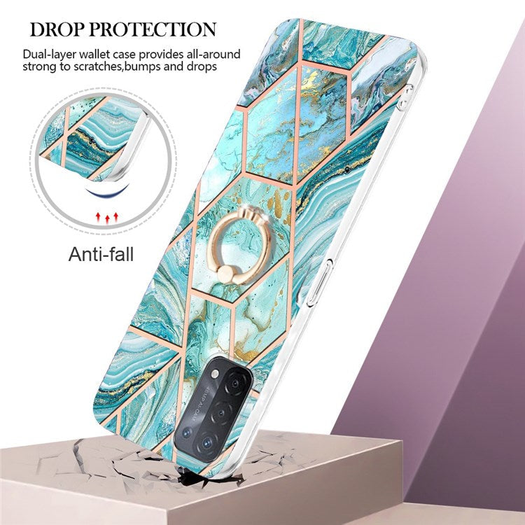 YB IMD Series-7 for Oppo A74 5G/A93 5G/A54 5G/A93s 5G Marble Pattern IMD Well-protected Phone Case Electroplating TPU Cover with Ring Kickstand - Blue