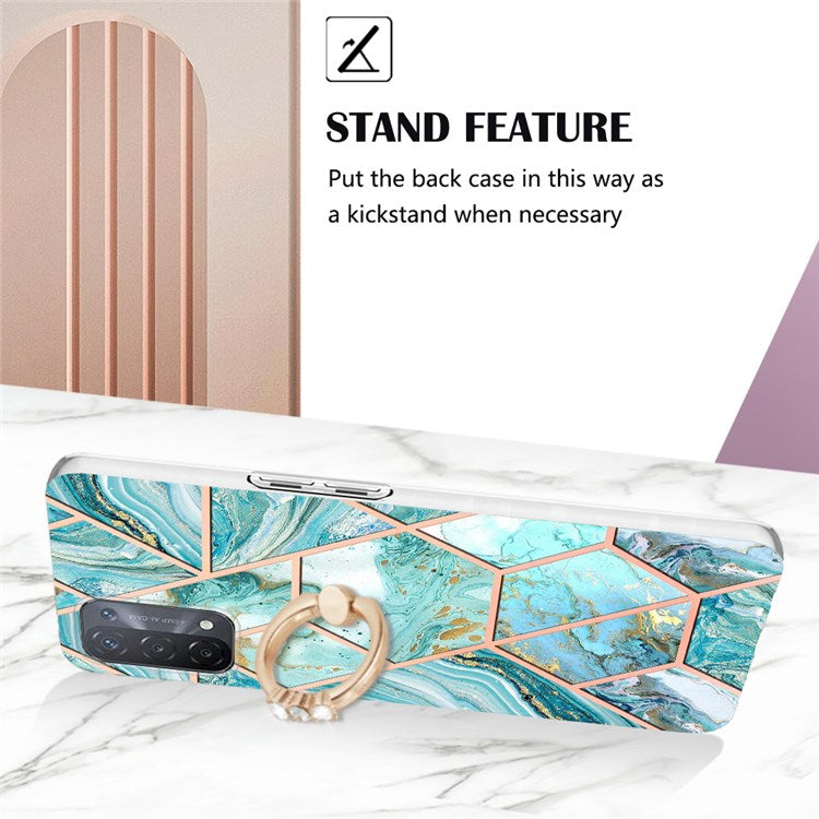 YB IMD Series-7 for Oppo A74 5G/A93 5G/A54 5G/A93s 5G Marble Pattern IMD Well-protected Phone Case Electroplating TPU Cover with Ring Kickstand - Blue