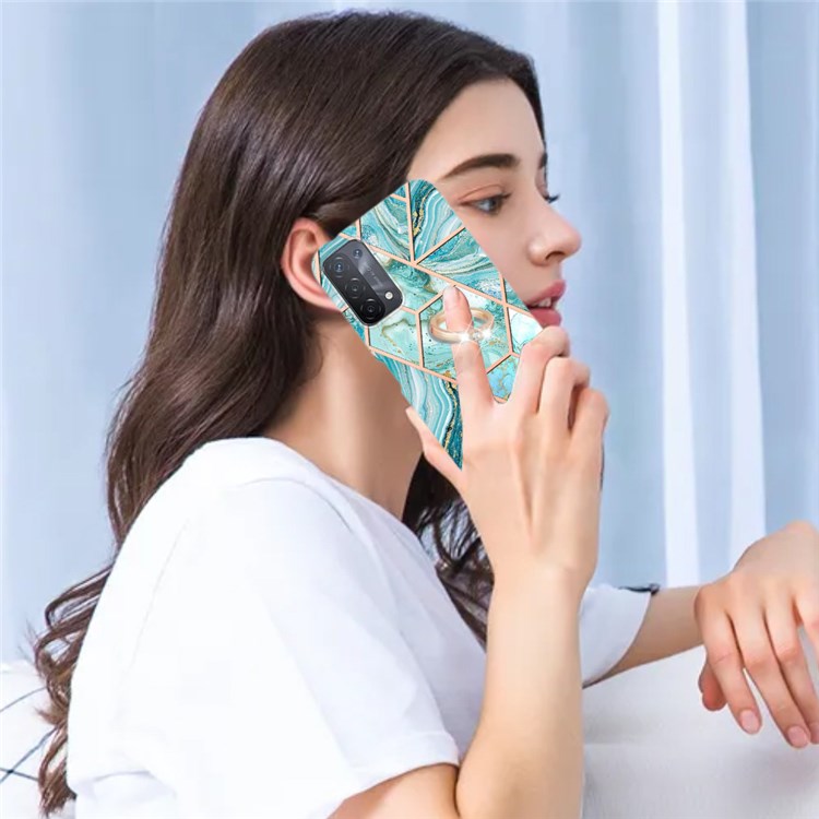 YB IMD Series-7 for Oppo A74 5G/A93 5G/A54 5G/A93s 5G Marble Pattern IMD Well-protected Phone Case Electroplating TPU Cover with Ring Kickstand - Blue