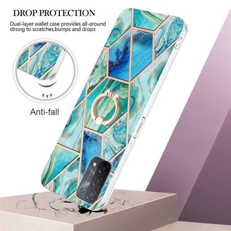 YB IMD Series-7 for Oppo A74 5G/A93 5G/A54 5G/A93s 5G Marble Pattern IMD Well-protected Phone Case Electroplating TPU Cover with Ring Kickstand - Green