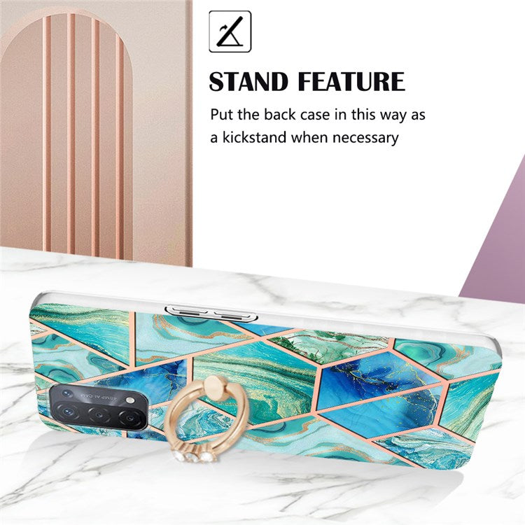 YB IMD Series-7 for Oppo A74 5G/A93 5G/A54 5G/A93s 5G Marble Pattern IMD Well-protected Phone Case Electroplating TPU Cover with Ring Kickstand - Green