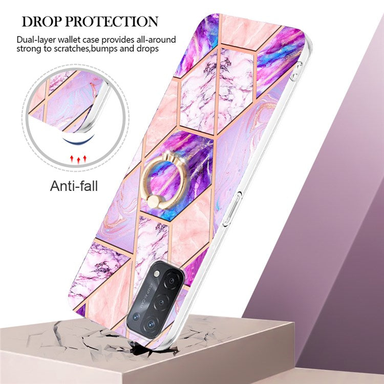 YB IMD Series-7 for Oppo A74 5G/A93 5G/A54 5G/A93s 5G Marble Pattern IMD Well-protected Phone Case Electroplating TPU Cover with Ring Kickstand - Light Purple