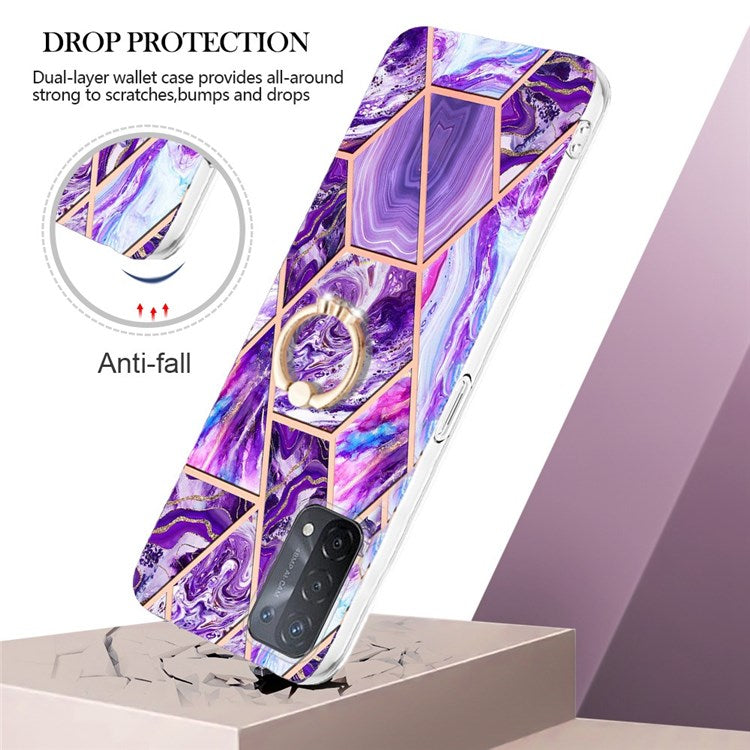 YB IMD Series-7 for Oppo A74 5G/A93 5G/A54 5G/A93s 5G Marble Pattern IMD Well-protected Phone Case Electroplating TPU Cover with Ring Kickstand - Dark Purple