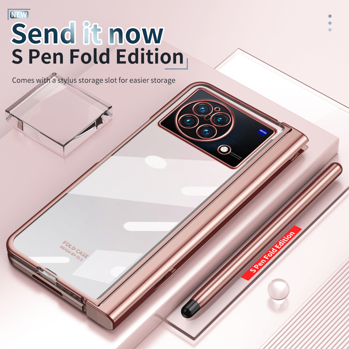 For vivo X Fold Tempered Glass Film Electroplating Phone Case Pen Slot Hinge Folding Hard PC Cover with Stylus Pen - Pink