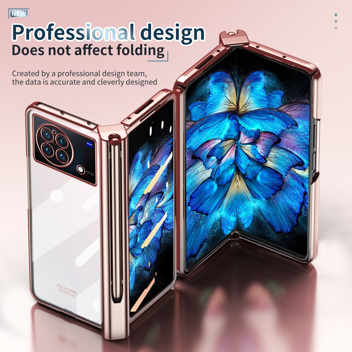 For vivo X Fold Tempered Glass Film Electroplating Phone Case Pen Slot Hinge Folding Hard PC Cover with Stylus Pen - Pink