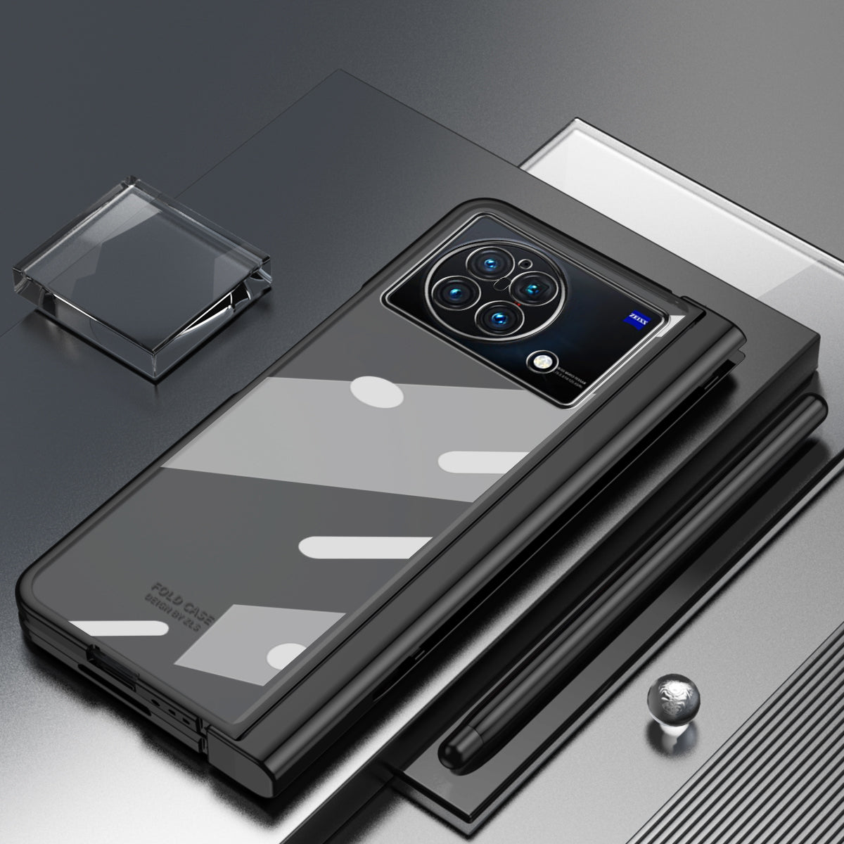 For vivo X Fold Tempered Glass Film Electroplating Phone Case Pen Slot Hinge Folding Hard PC Cover with Stylus Pen - Black