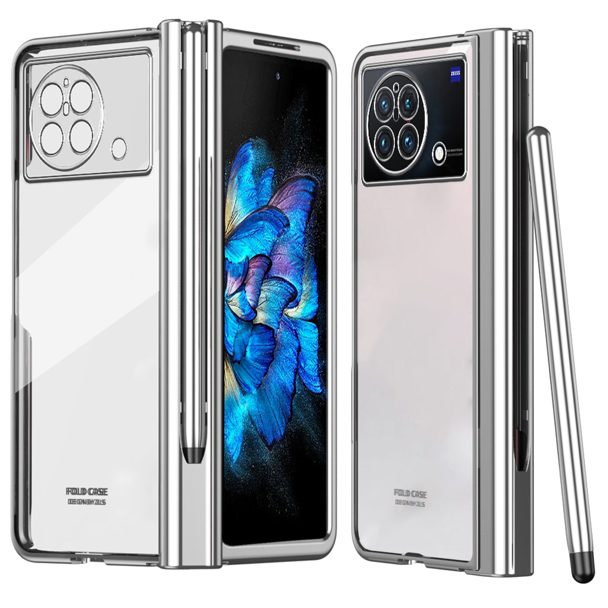 For vivo X Fold Tempered Glass Film Electroplating Phone Case Pen Slot Hinge Folding Hard PC Cover with Stylus Pen - Silver