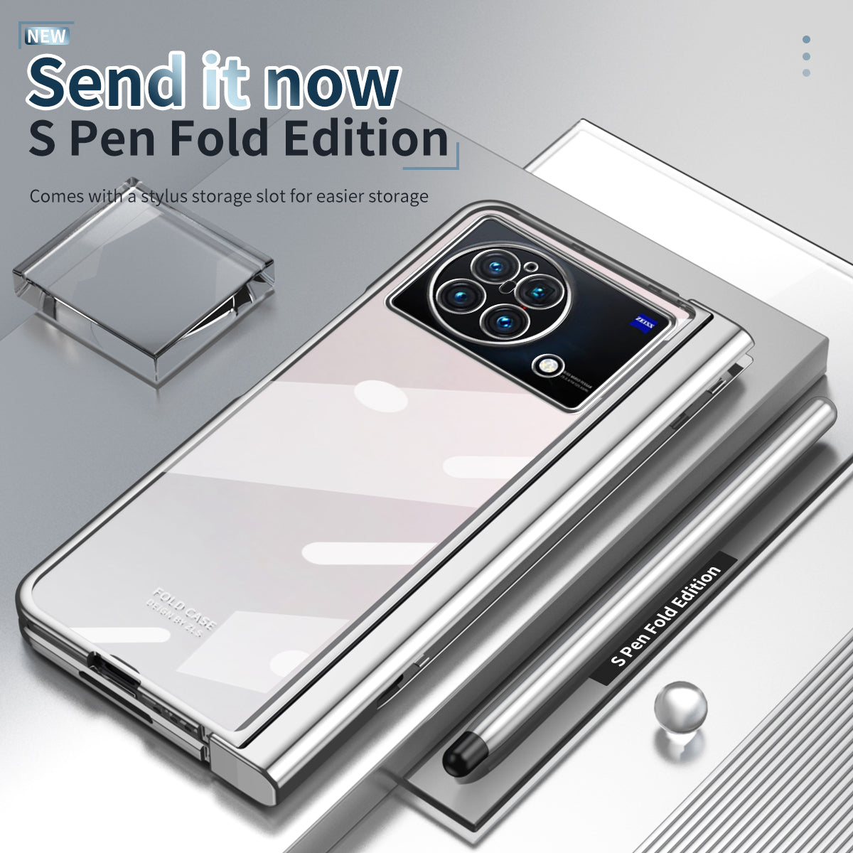 For vivo X Fold Tempered Glass Film Electroplating Phone Case Pen Slot Hinge Folding Hard PC Cover with Stylus Pen - Silver