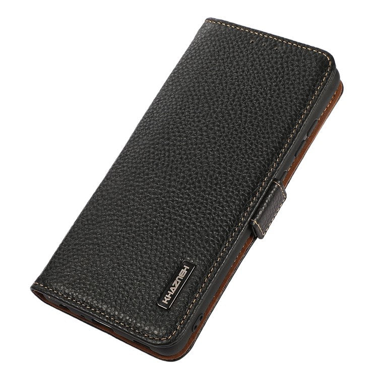 KHAZNEH For Oppo A57 (2022) 5G / A77 5G / OnePlus Nord N300 5G Magnetic RFID Blocking Genuine Leather Case Litchi Texture Shockproof TPU Book Stand Wallet Cover - Black