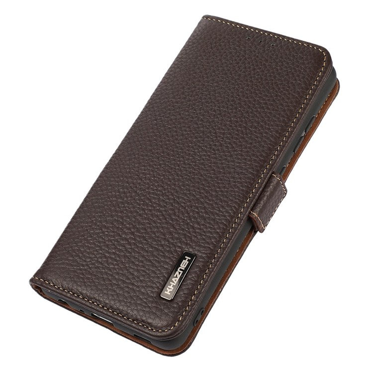 KHAZNEH For Oppo A57 (2022) 5G / A77 5G / OnePlus Nord N300 5G Magnetic RFID Blocking Genuine Leather Case Litchi Texture Shockproof TPU Book Stand Wallet Cover - Brown