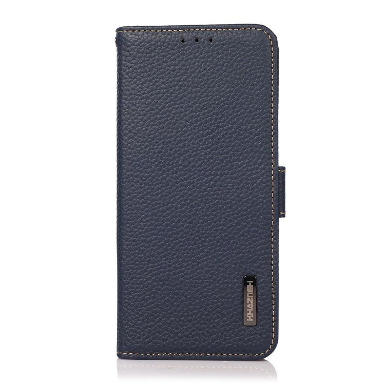 KHAZNEH For Oppo A57 (2022) 5G / A77 5G / OnePlus Nord N300 5G Magnetic RFID Blocking Genuine Leather Case Litchi Texture Shockproof TPU Book Stand Wallet Cover - Blue