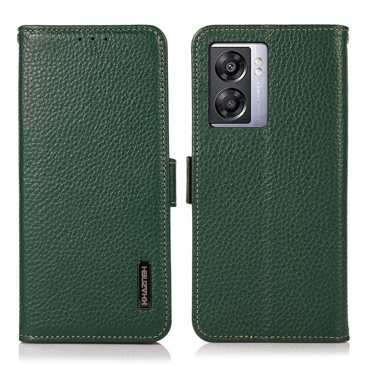 KHAZNEH For Oppo A57 (2022) 5G / A77 5G / OnePlus Nord N300 5G Magnetic RFID Blocking Genuine Leather Case Litchi Texture Shockproof TPU Book Stand Wallet Cover - Green