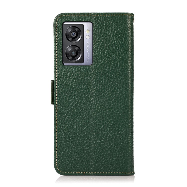 KHAZNEH For Oppo A57 (2022) 5G / A77 5G / OnePlus Nord N300 5G Magnetic RFID Blocking Genuine Leather Case Litchi Texture Shockproof TPU Book Stand Wallet Cover - Green
