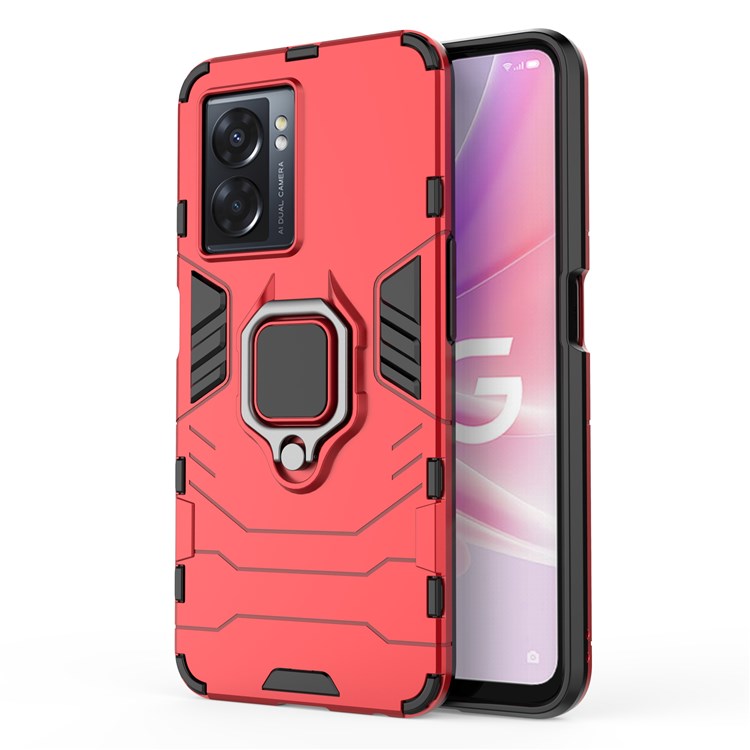 For Oppo A57 (2022) 5G / A77 5G / OnePlus Nord N300 5G Ring Kickstand Rugged Phone Cover Wear-resistant Hard PC Soft TPU Frame Protective Case - Red