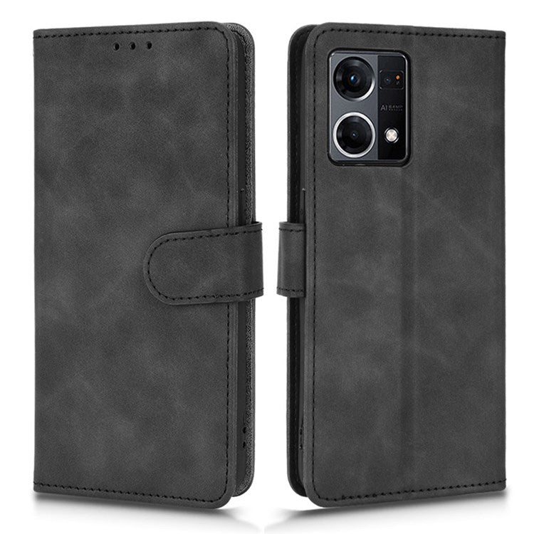 PU Leather Wallet Holster for Oppo Reno7 4G, Magnetic Buckle Skin-Friendly Shockproof Stand Flip Cover - Black