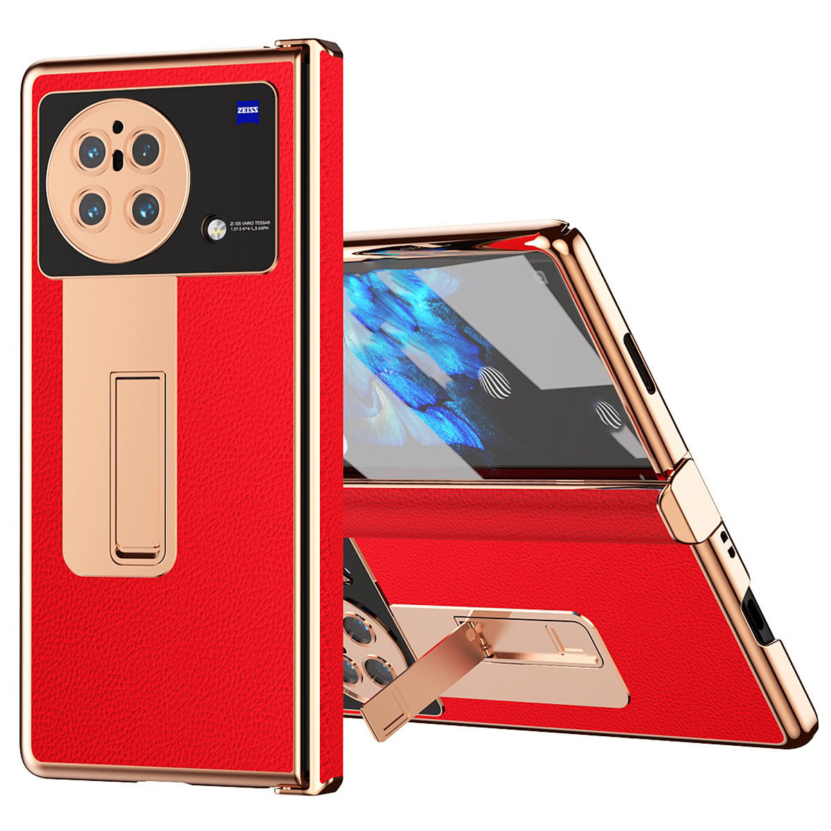 For vivo X Fold Hinge Protection PU Leather + Hard PC Shell Light Thin Anti-scratch Electroplating Kickstand Cover with Bulit-in Tempered Glass Screen Protector and S Pen - Red