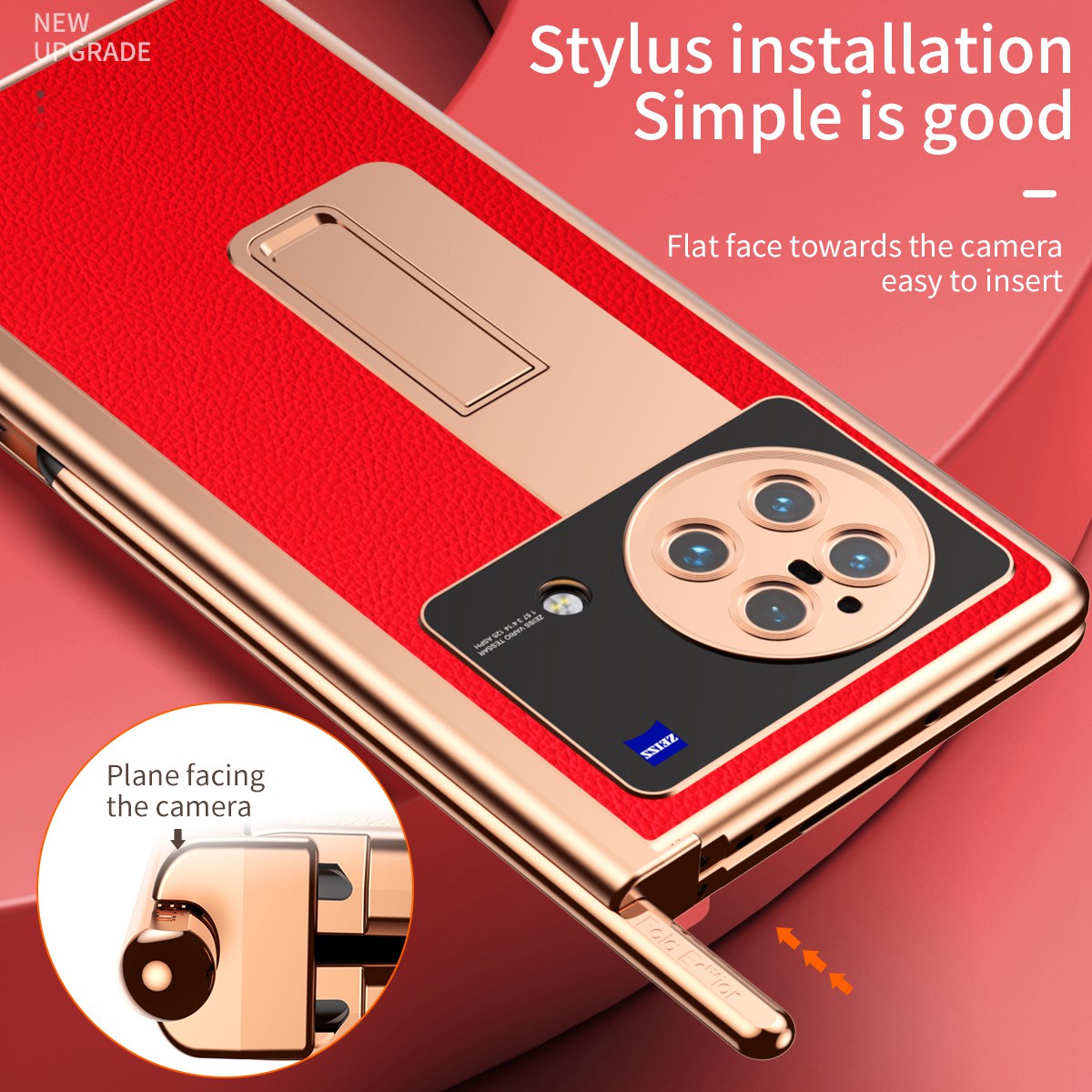 For vivo X Fold Hinge Protection PU Leather + Hard PC Shell Light Thin Anti-scratch Electroplating Kickstand Cover with Bulit-in Tempered Glass Screen Protector and S Pen - Red