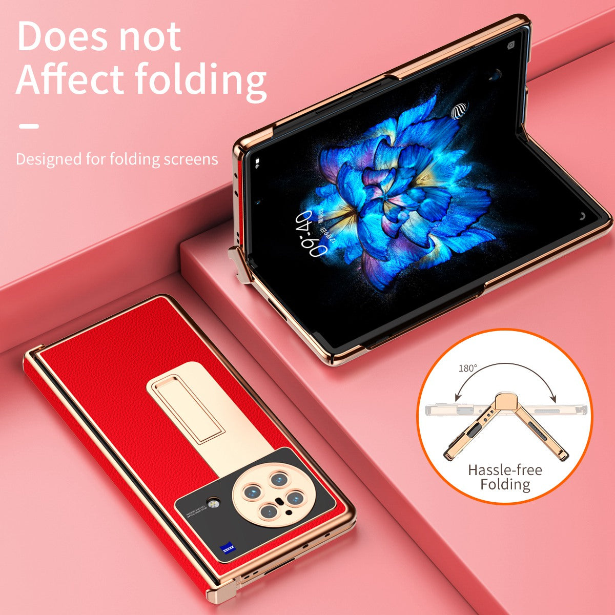 For vivo X Fold Hinge Protection PU Leather + Hard PC Shell Light Thin Anti-scratch Electroplating Kickstand Cover with Bulit-in Tempered Glass Screen Protector and S Pen - Red