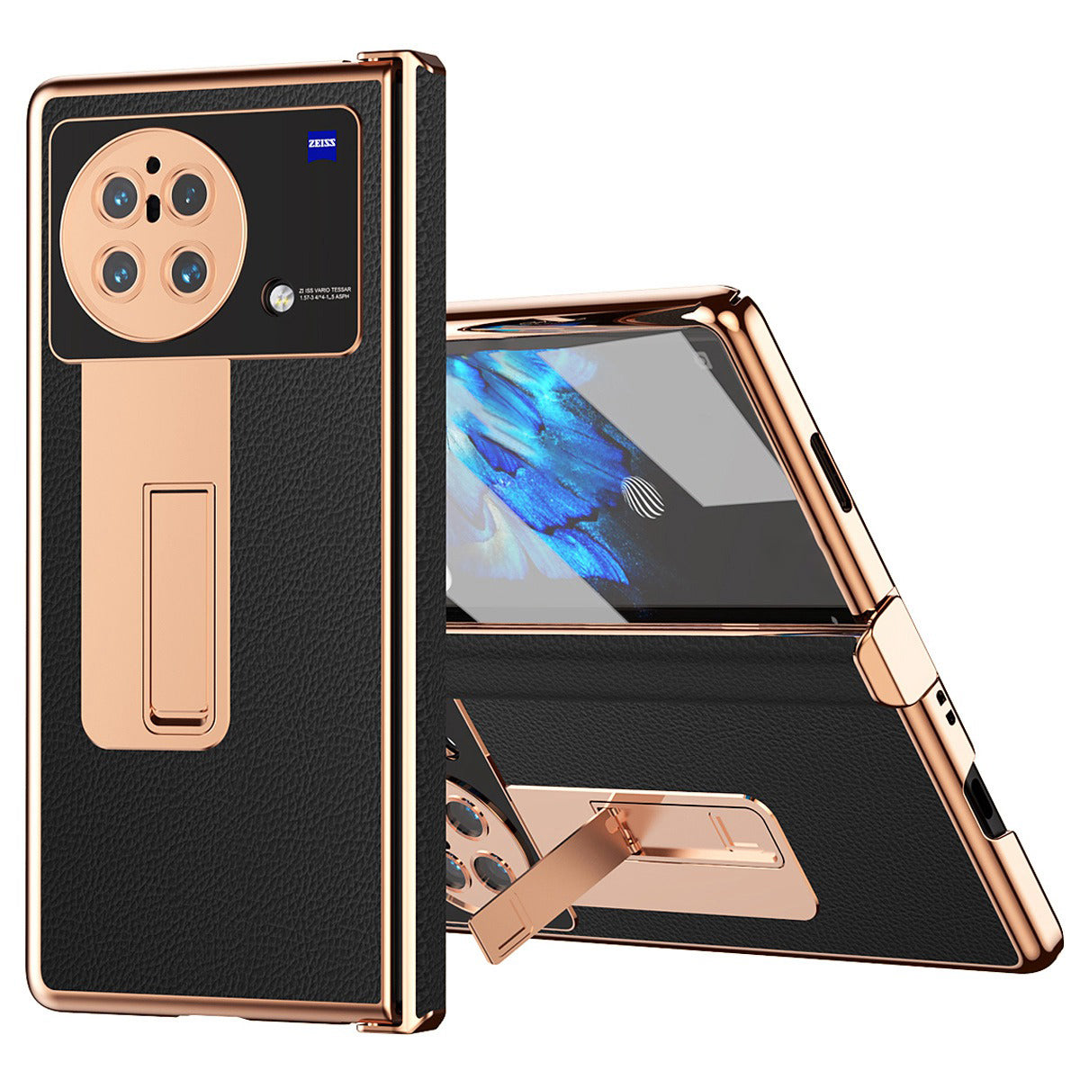 For vivo X Fold Light Thin Shockproof PU Leather + Hard PC Shell Electroplating Kickstand Case with Bulit-in Tempered Glass Screen Protector + S Pen - Black