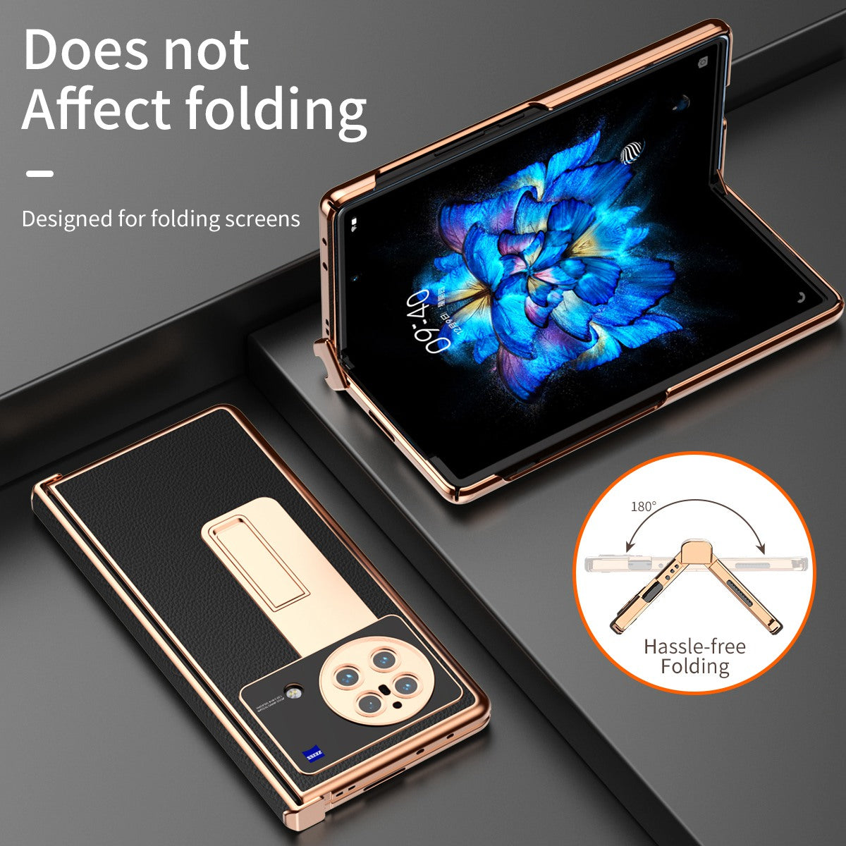 For vivo X Fold Light Thin Shockproof PU Leather + Hard PC Shell Electroplating Kickstand Case with Bulit-in Tempered Glass Screen Protector + S Pen - Black