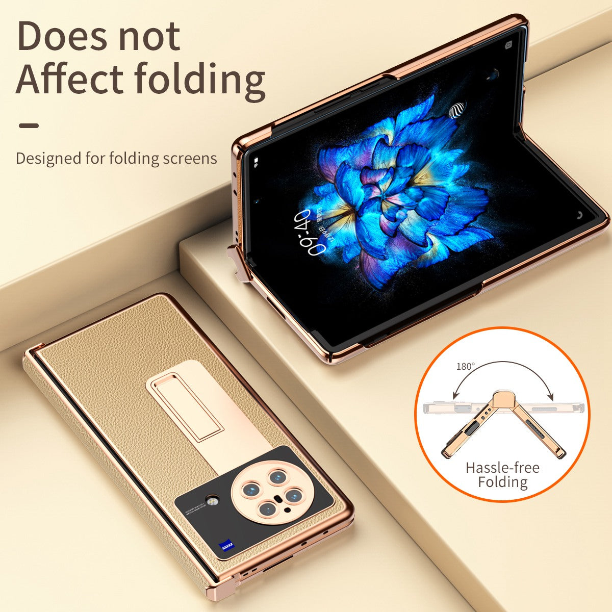 For vivo X Fold Light Thin Shockproof PU Leather + Hard PC Shell Electroplating Kickstand Case with Bulit-in Tempered Glass Screen Protector + S Pen - Gold