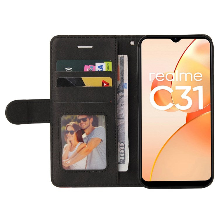 For Realme C31 4G Dual-color Splicing PU Leather Wear-resistant Wallet Style Mobile Phone Case Stand Shell with Strap - Black