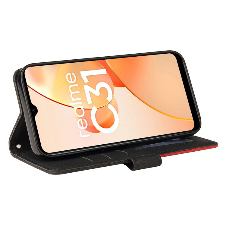 For Realme C31 4G Dual-color Splicing PU Leather Wear-resistant Wallet Style Mobile Phone Case Stand Shell with Strap - Black