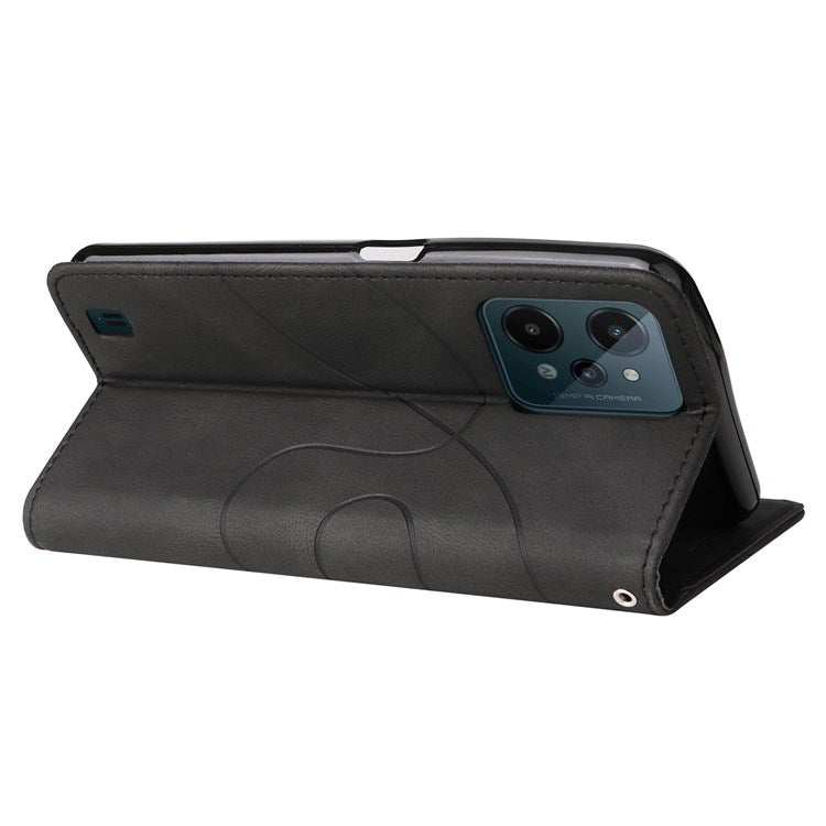 For Realme C31 4G Dual-color Splicing PU Leather Wear-resistant Wallet Style Mobile Phone Case Stand Shell with Strap - Black