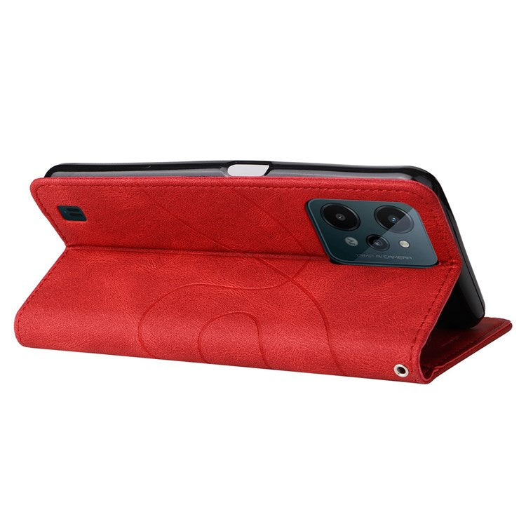 For Realme C31 4G Dual-color Splicing PU Leather Wear-resistant Wallet Style Mobile Phone Case Stand Shell with Strap - Red