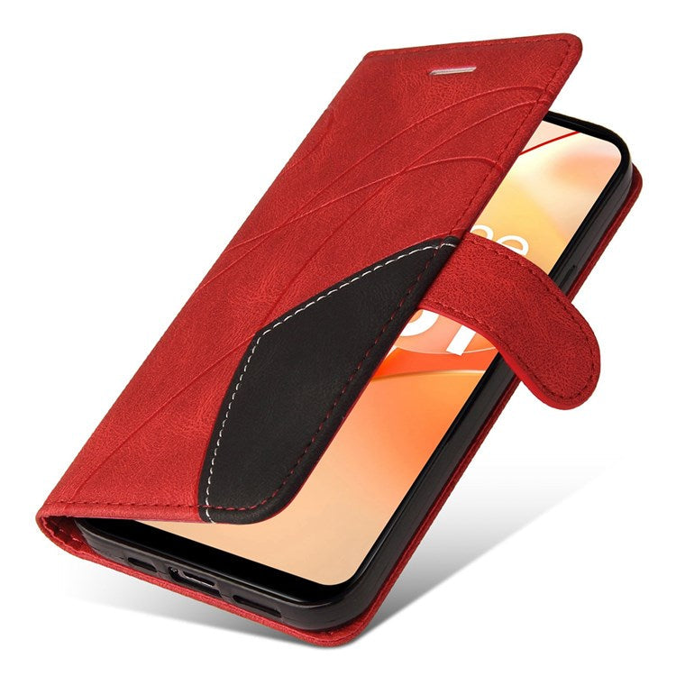 For Realme C31 4G Dual-color Splicing PU Leather Wear-resistant Wallet Style Mobile Phone Case Stand Shell with Strap - Red
