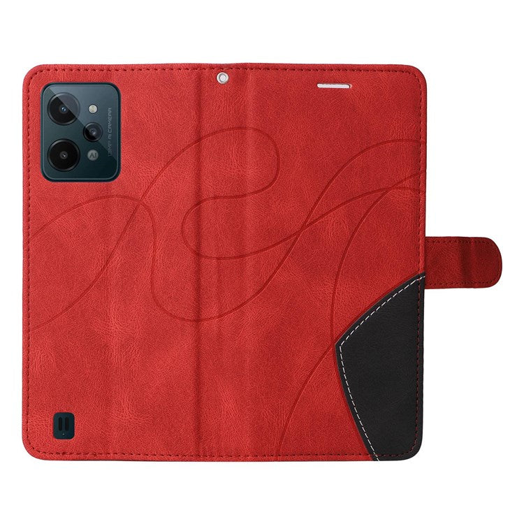 For Realme C31 4G Dual-color Splicing PU Leather Wear-resistant Wallet Style Mobile Phone Case Stand Shell with Strap - Red