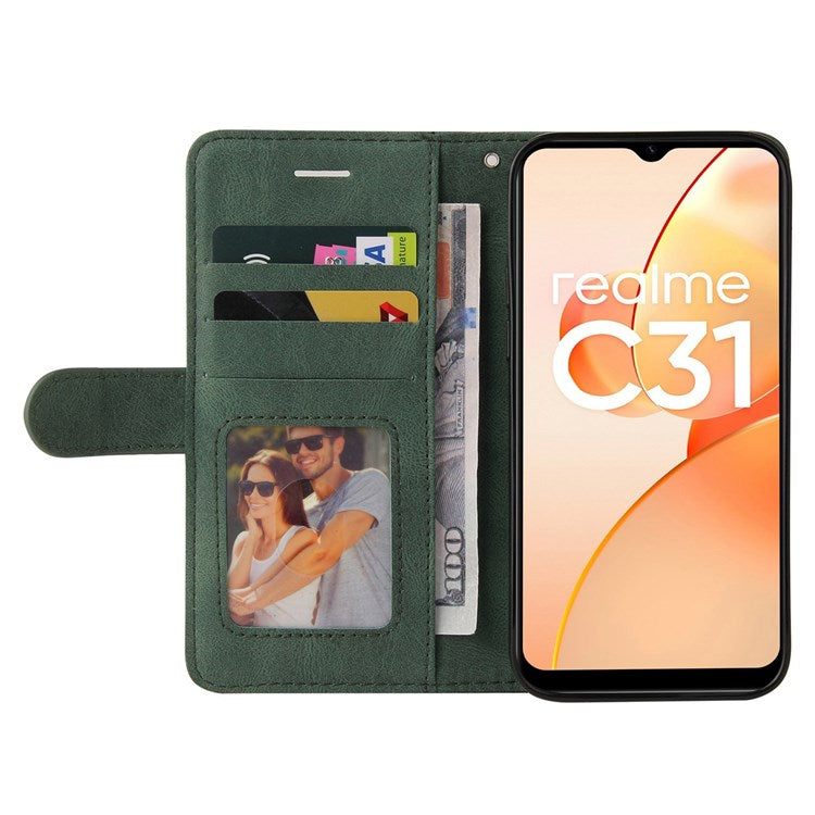 For Realme C31 4G Dual-color Splicing PU Leather Wear-resistant Wallet Style Mobile Phone Case Stand Shell with Strap - Green