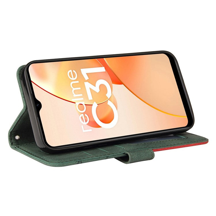 For Realme C31 4G Dual-color Splicing PU Leather Wear-resistant Wallet Style Mobile Phone Case Stand Shell with Strap - Green