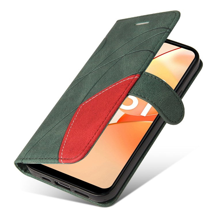 For Realme C31 4G Dual-color Splicing PU Leather Wear-resistant Wallet Style Mobile Phone Case Stand Shell with Strap - Green