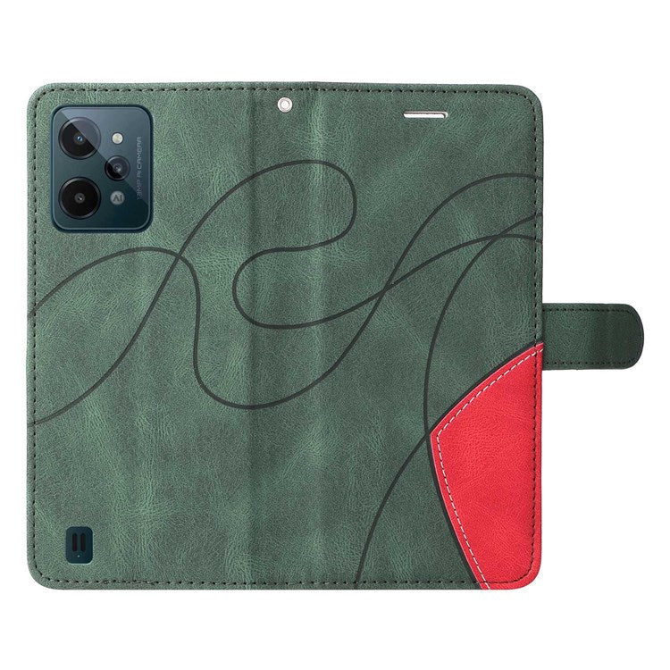 For Realme C31 4G Dual-color Splicing PU Leather Wear-resistant Wallet Style Mobile Phone Case Stand Shell with Strap - Green