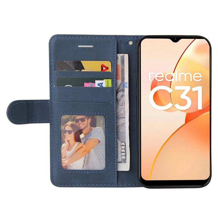 For Realme C31 4G Dual-color Splicing PU Leather Wear-resistant Wallet Style Mobile Phone Case Stand Shell with Strap - Blue