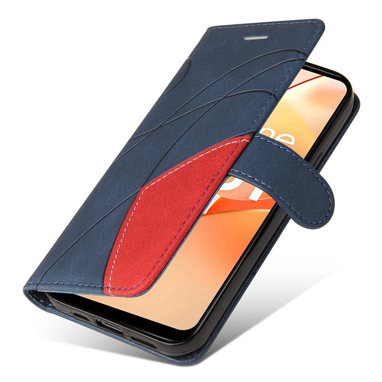 For Realme C31 4G Dual-color Splicing PU Leather Wear-resistant Wallet Style Mobile Phone Case Stand Shell with Strap - Blue