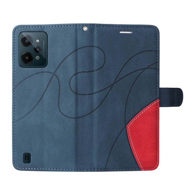 For Realme C31 4G Dual-color Splicing PU Leather Wear-resistant Wallet Style Mobile Phone Case Stand Shell with Strap - Blue