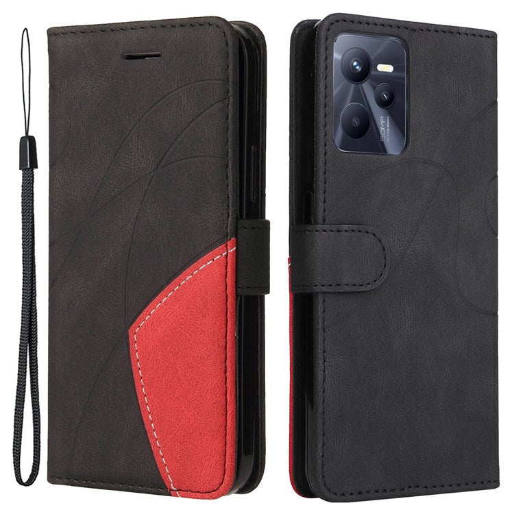 For Realme C35 4G Dual-color Splicing PU Leather Well-protected Folio Flip Wallet Style Phone Case Stand Shell with Strap - Black