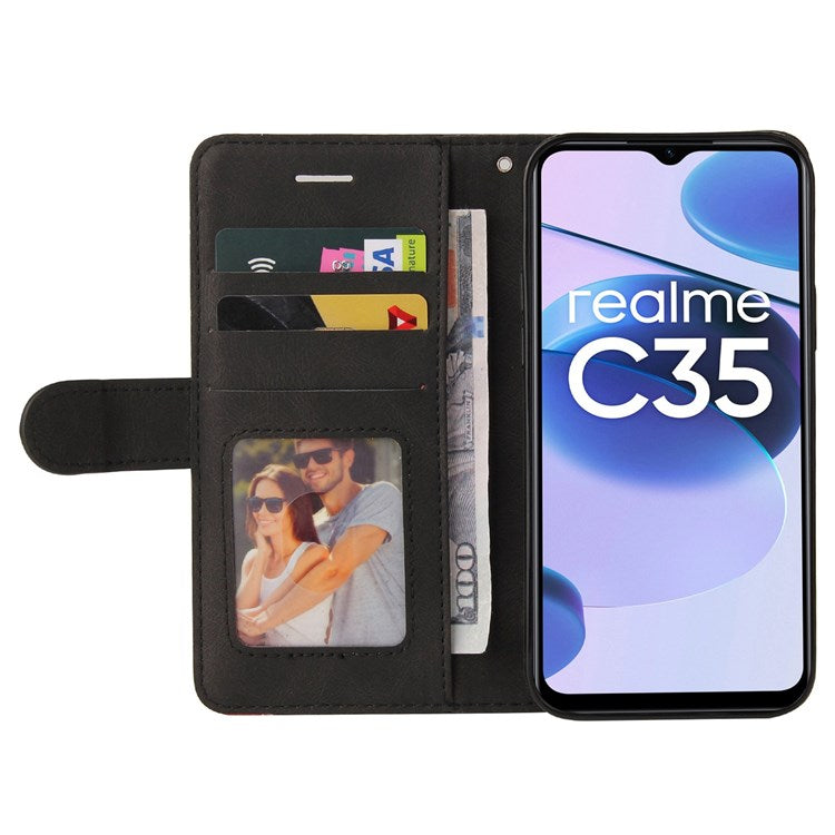 For Realme C35 4G Dual-color Splicing PU Leather Well-protected Folio Flip Wallet Style Phone Case Stand Shell with Strap - Black