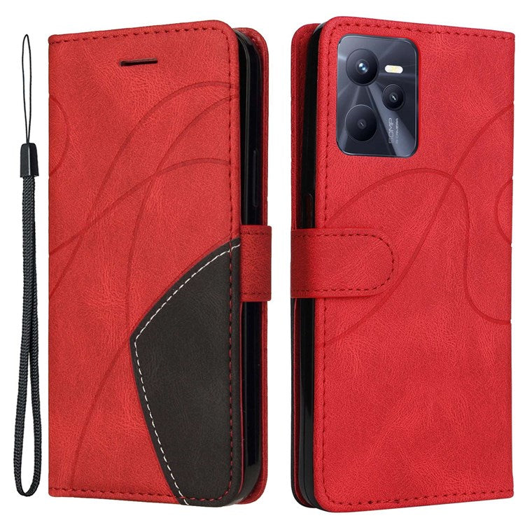 For Realme C35 4G Dual-color Splicing PU Leather Well-protected Folio Flip Wallet Style Phone Case Stand Shell with Strap - Red