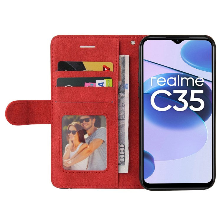 For Realme C35 4G Dual-color Splicing PU Leather Well-protected Folio Flip Wallet Style Phone Case Stand Shell with Strap - Red