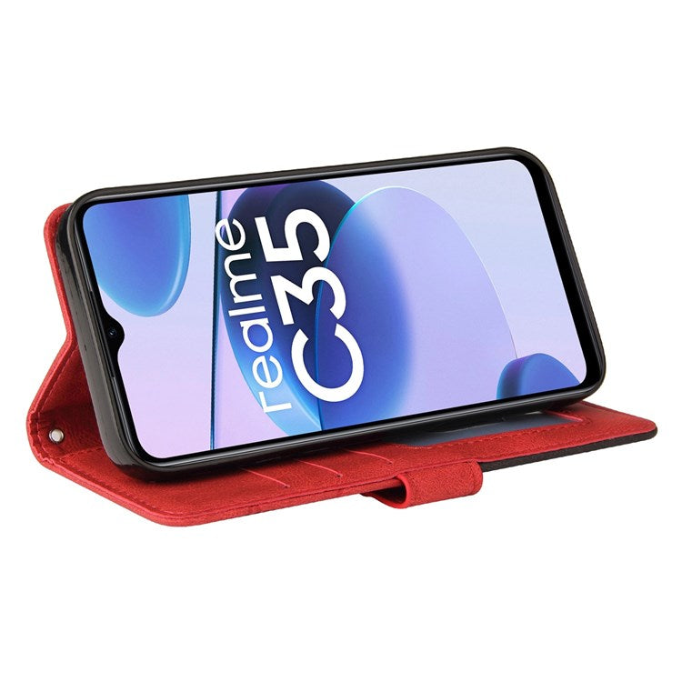 For Realme C35 4G Dual-color Splicing PU Leather Well-protected Folio Flip Wallet Style Phone Case Stand Shell with Strap - Red