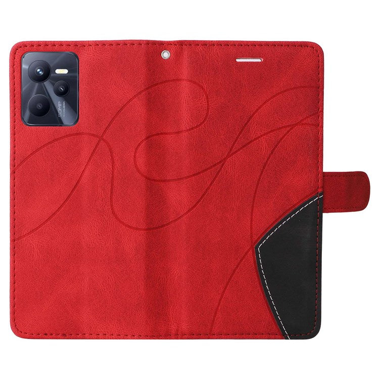 For Realme C35 4G Dual-color Splicing PU Leather Well-protected Folio Flip Wallet Style Phone Case Stand Shell with Strap - Red